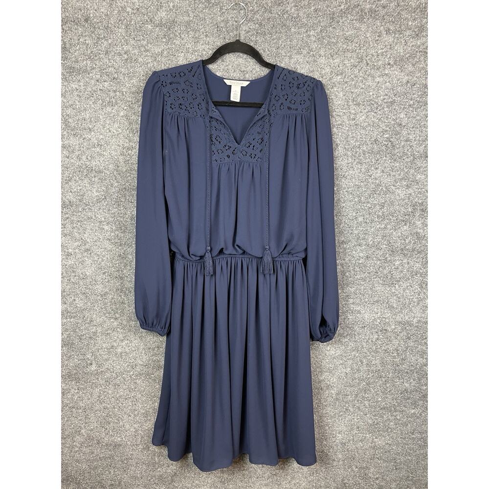 White House Black Market Size 6 Boho Navy Blue Long Sleeve‎ Dress Tassel